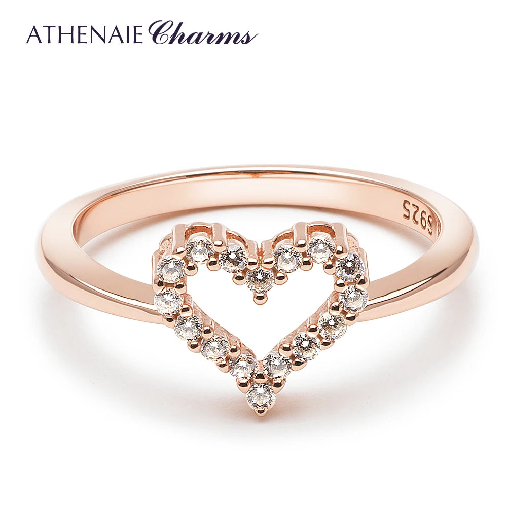 ATHENAIE Real 925 Sterling Silver Color Rose Gold Clear CZ Sparkling Heart Ring for Women Girl Wedding Finger Jewelry