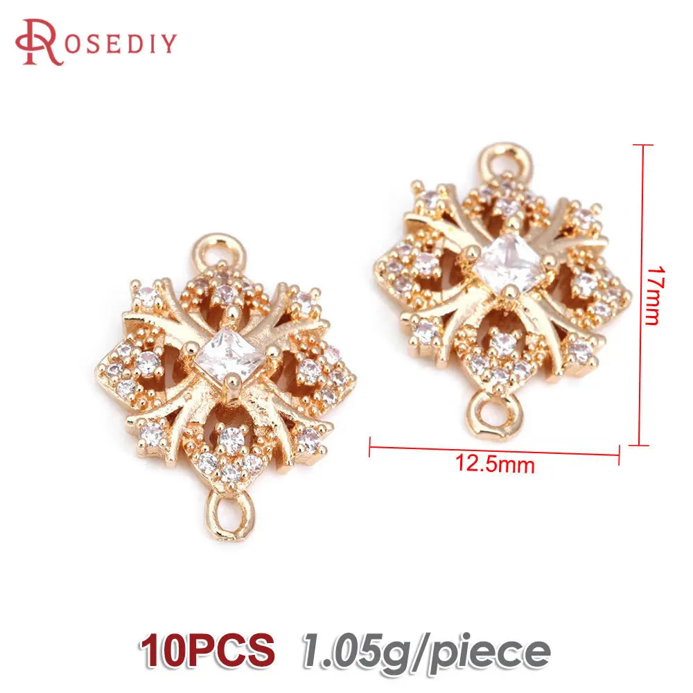 10PCS High Quality Champagne Gold Color Brass Zircon 2 Holes Snowflake Connect Charms Pendants Jewelry Making Diy Accessories