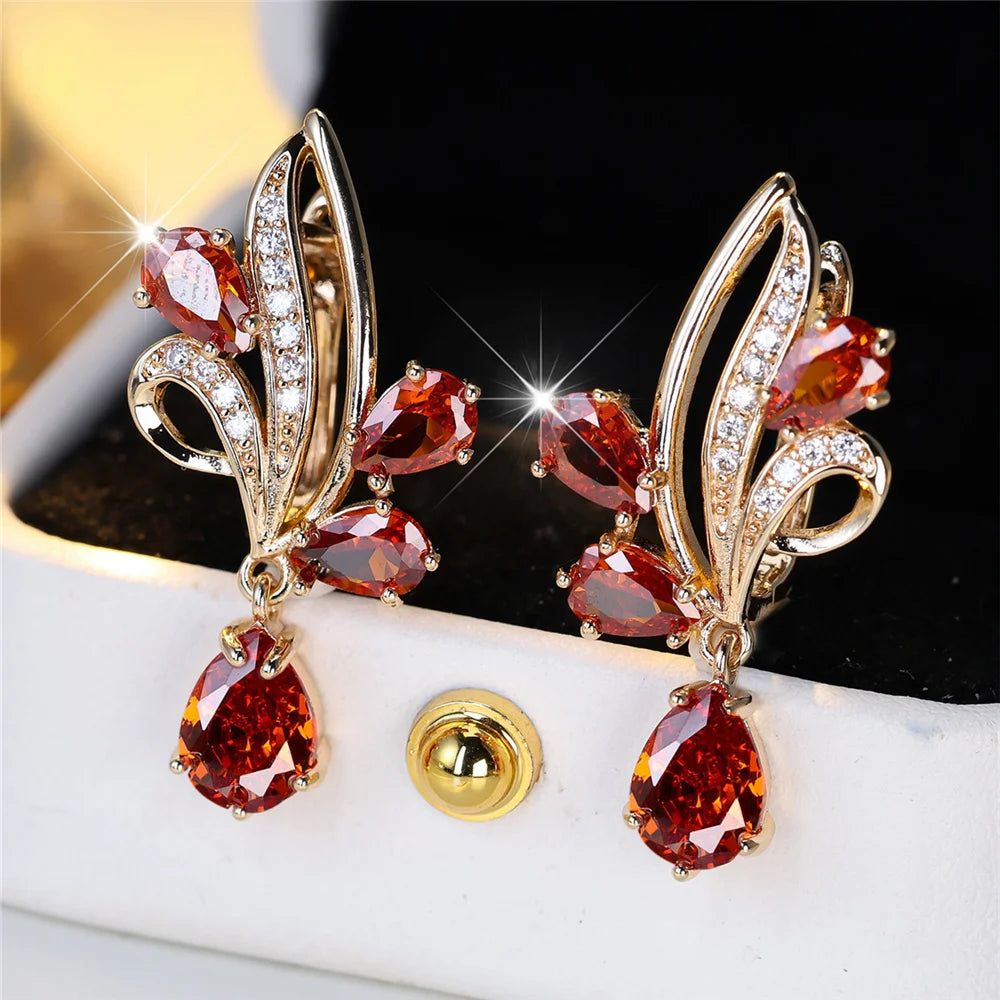 Cute Female White Pink Red Zircon Stone Hoop Earrings Luxury Gold Color Wedding Jewelry For Women