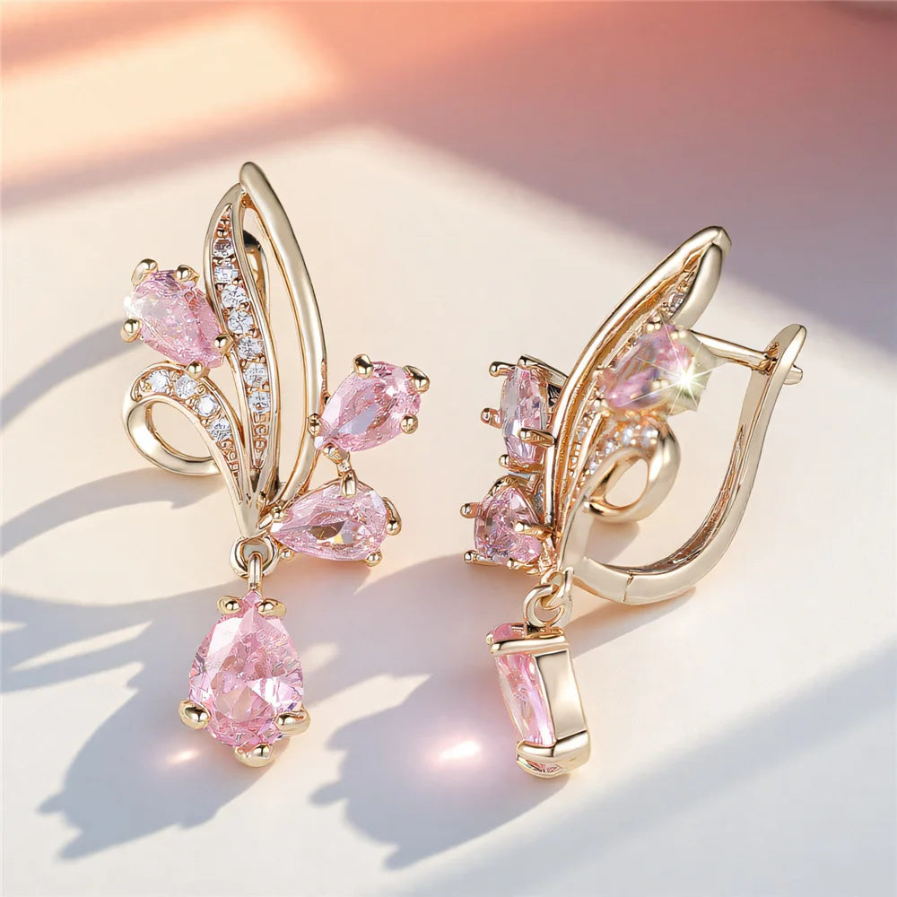 Cute Female White Pink Red Zircon Stone Hoop Earrings Luxury Gold Color Wedding Jewelry For Women