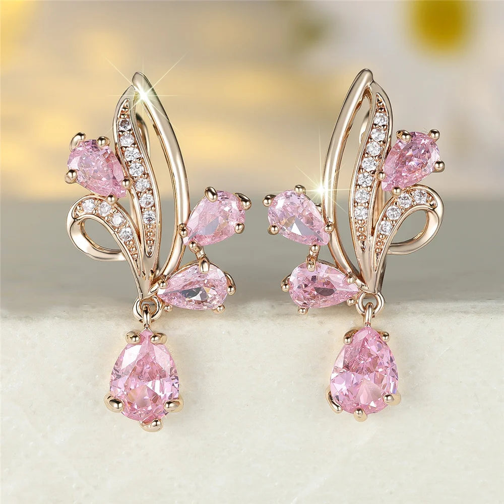 Cute Female White Pink Red Zircon Stone Hoop Earrings Luxury Gold Color Wedding Jewelry For Women