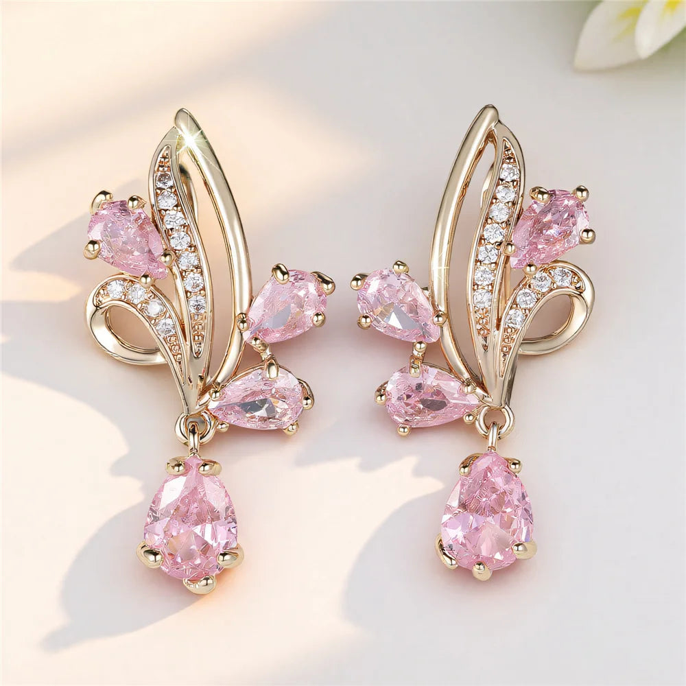 Cute Female White Pink Red Zircon Stone Hoop Earrings Luxury Gold Color Wedding Jewelry For Women